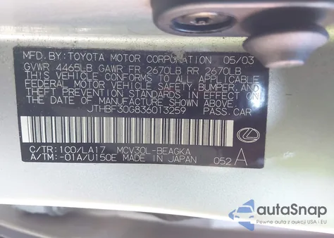 2003 Lexus Es 300 z USA, uszkodzony, nr VIN JTHBF30G836013259